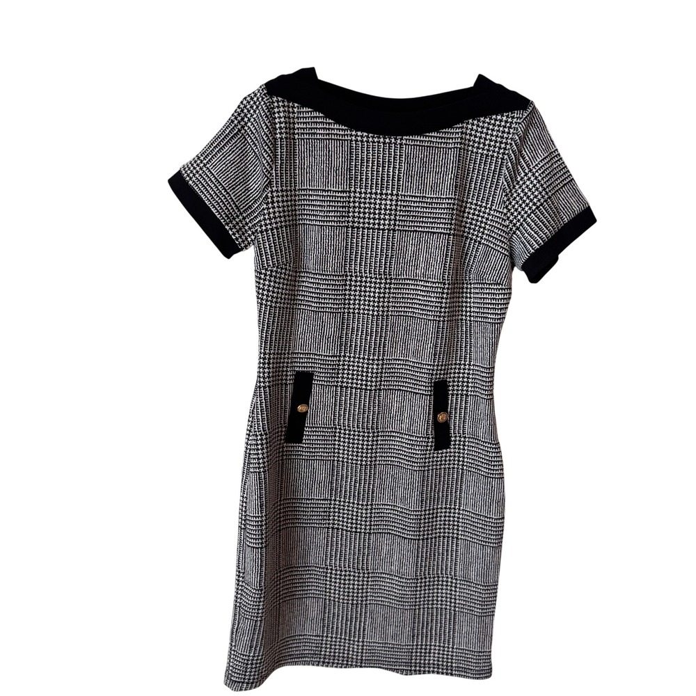 Stella & Julie Black White Houndstooth Plaid Sheath Dress Gold Button Size 8